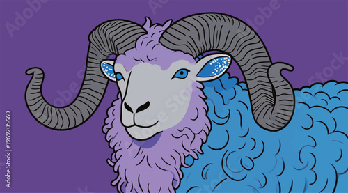 Colorful ram on a bright background with large curled horns and soft wool