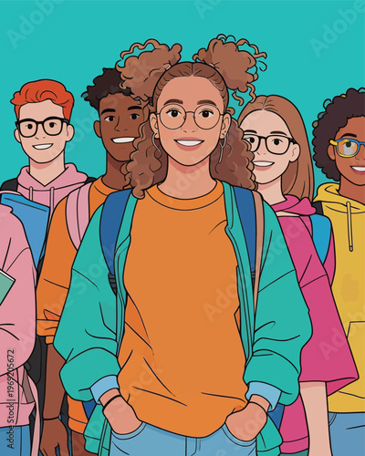 Group of young people standing together in a colorful setting with casual clothing and diverse appearances