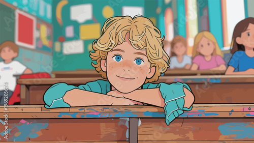 Child smiles while leaning on desk in classroom filled with classmates during school day