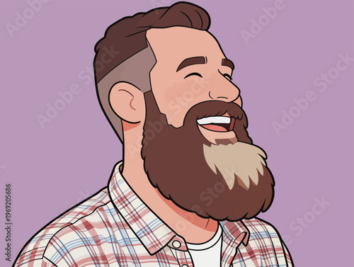 Man with a beard smiles against a purple background while wearing a plaid shirt and enjoying a happy moment