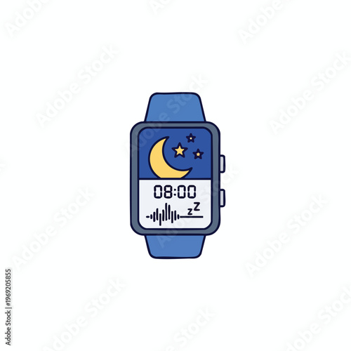 Blue digital watch displays moon, stars, time, and sleep wave