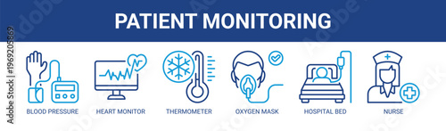 Patient Monitoring web banner icon vector illustration concept with icons of blood pressure, heart monitor, thermometer, oxygen mask, hospital bed, and nurse.