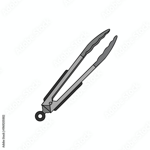 Silver metal cooking tongs with black grips and a ring for hanging