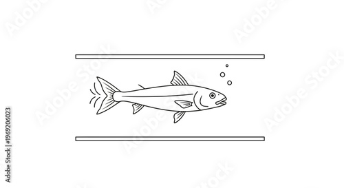 Minimalist black and white line drawing of a sleek fish gracefully swimming in a simple water