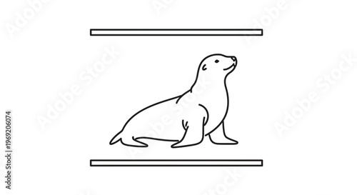 Minimalist line art illustration of a graceful sea lion, elegantly poised within a clean graphic
