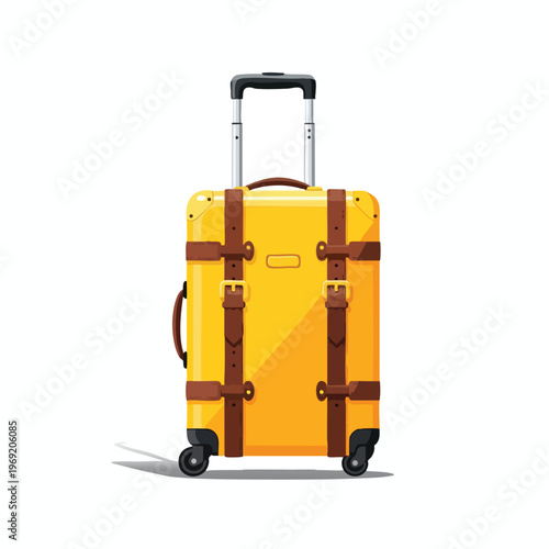 Yellow wheeled suitcase with leather straps and buckles, extended handle