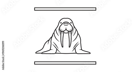 Simple black and white line art illustration of a majestic walrus with tusks