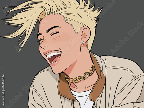 Smiling person with short blonde hair enjoying a light moment while wearing a chain necklace and a beige jacket indoors