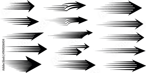 A collection of black arrows with motion blur on a white background