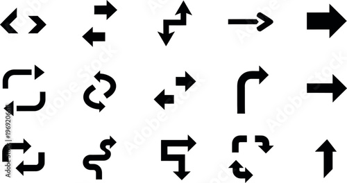 A collection of various black arrow icons on a white background for navigation and direction