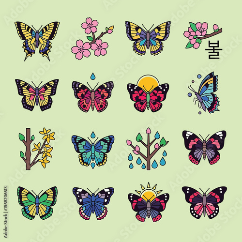 Colorful butterflies in various poses.