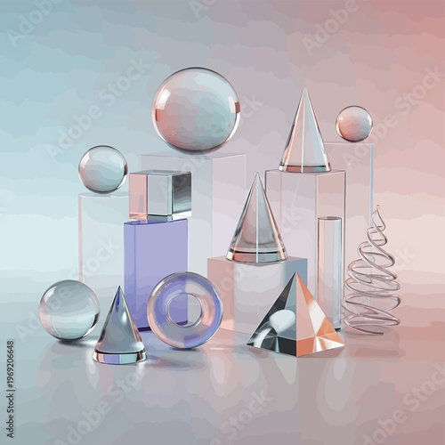 Collection of geometric glass shapes.
