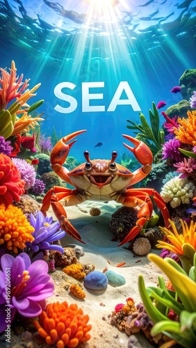 Wallpaper Mural A vibrant underwater scene showcases a bright orange crab amidst a colorful coral reef, illuminated by sunbeams filtering through the turquoise water, with the word 'SEA' prominently displayed. Torontodigital.ca