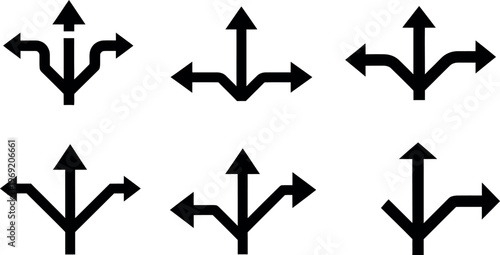A set of black directional arrows pointing in multiple directions on a white background