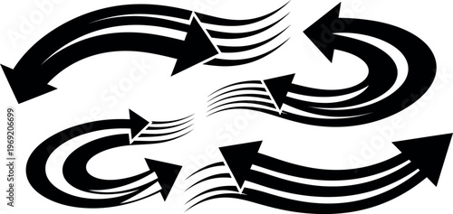 A stylized illustration of multiple curved arrows pointing in various directions on a white background
