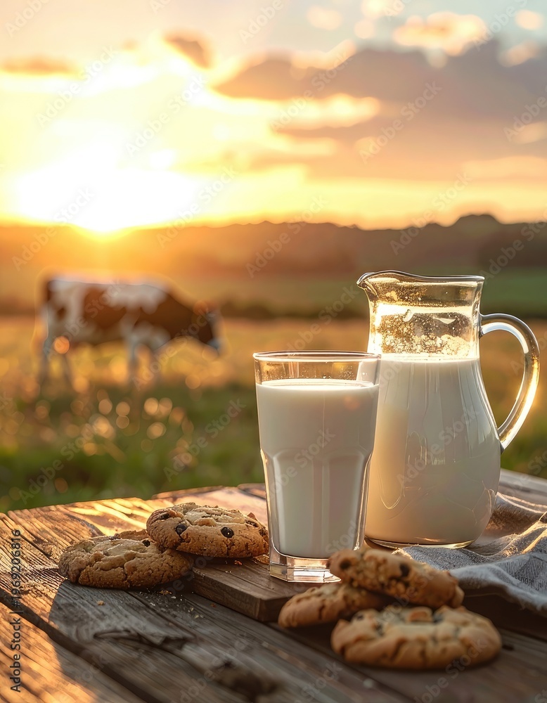 custom made wallpaper toronto digitalA picturesque scene of milk, cookies, and a grazing cow under a warm sunset, evoking feelings of rustic charm and simple pleasures.