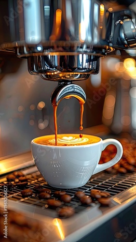 Wallpaper Mural A close-up shot captures the moment a rich espresso stream descends into a latte art-adorned cup, surrounded by coffee beans and a gleaming espresso machine. Torontodigital.ca