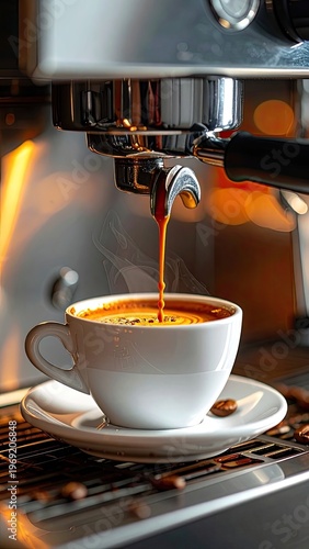 Wallpaper Mural A close-up shot captures the rich, amber-colored espresso cascading into a pristine white cup, highlighting the intricate details of a professional coffee machine. Torontodigital.ca