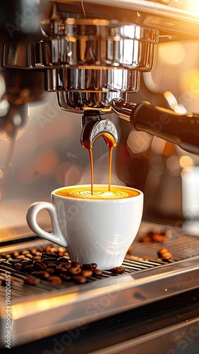 Wallpaper Mural A close-up shot captures the rich, golden stream of espresso pouring into a white ceramic cup, surrounded by coffee beans and a gleaming espresso machine. Torontodigital.ca