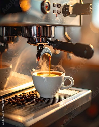 Wallpaper Mural A close-up shot showcases a freshly brewed espresso pouring into a white ceramic cup, resting on a metal tray alongside roasted coffee beans, highlighting the rich color and texture of the beverage. Torontodigital.ca