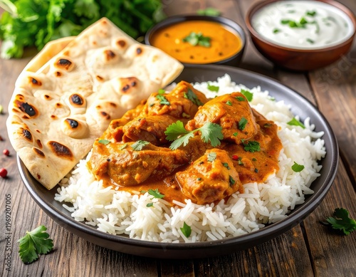 Wallpaper Mural A vibrant plate of chicken tikka masala served with fluffy white rice, warm naan bread, and a cooling yogurt sauce, presented on a rustic wooden table. Torontodigital.ca