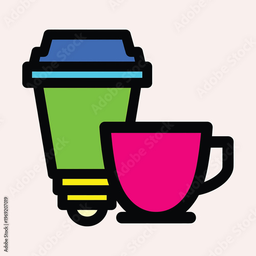 Colorful cup and coffee container.