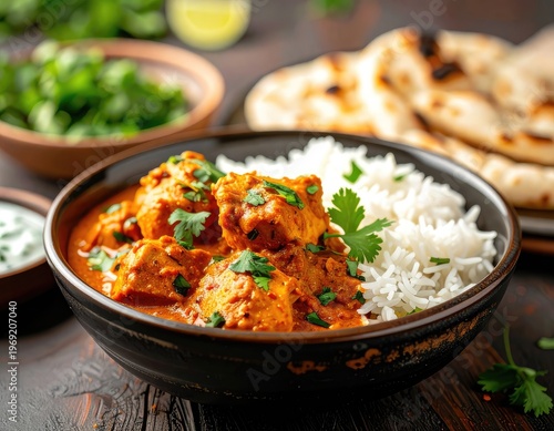 Wallpaper Mural A vibrant bowl of butter chicken with fluffy rice, naan bread, and fresh herbs creates a delicious and inviting Indian culinary scene. Torontodigital.ca