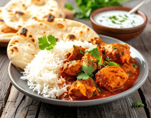 Wallpaper Mural A vibrant plate of Indian butter chicken is presented with fluffy white rice, warm naan bread, and a side of cooling raita, showcasing a delicious and authentic culinary experience. Torontodigital.ca