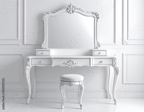 Wallpaper Mural An elegant white vanity table with a matching stool sits against a paneled wall, showcasing intricate detailing and a classic design. Torontodigital.ca