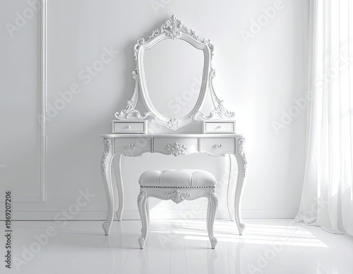 Wallpaper Mural An elegant, ornate white vanity with a large mirror and cushioned stool sits gracefully in a pristine, minimalist room. Torontodigital.ca