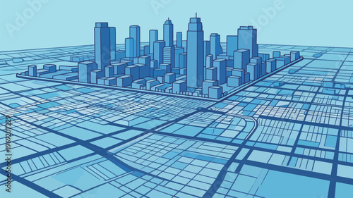 City skyline in blue shades showing buildings and streets from an aerial view during daylight hours