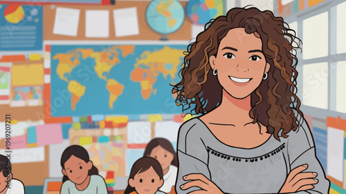 Teacher smiles in classroom while students learn about geography in front of a world map during a school day