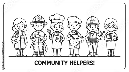 Community helpers in various occupations standing.