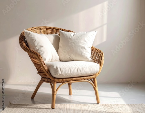 Wallpaper Mural A stylish rattan armchair with plush white cushions sits bathed in warm sunlight against a neutral wall, creating a cozy and inviting interior scene. Torontodigital.ca