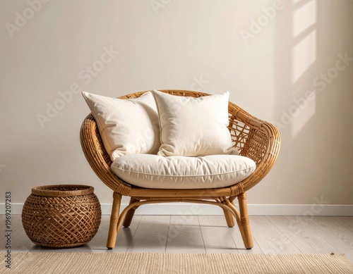 Wallpaper Mural A cozy rattan armchair with plush cushions sits invitingly against a neutral wall, complemented by woven baskets and a natural fiber rug, creating a serene and inviting interior space. Torontodigital.ca