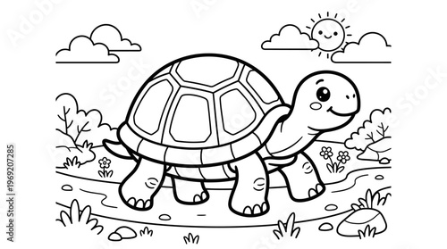 Smiling turtle walking on ground slowly.