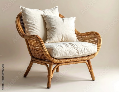 Wallpaper Mural A stylish rattan armchair with plush white cushions sits elegantly against a neutral backdrop, showcasing a blend of natural textures and modern comfort. Torontodigital.ca