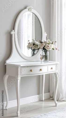 Wallpaper Mural An elegant white vanity table with an oval mirror and a delicate floral arrangement creates a sophisticated and inviting atmosphere in a softly lit room. Torontodigital.ca