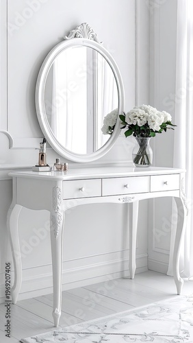 Wallpaper Mural An elegant white vanity table with a large round mirror and a vase of white flowers creates a luxurious and serene atmosphere in a bright, minimalist interior. Torontodigital.ca