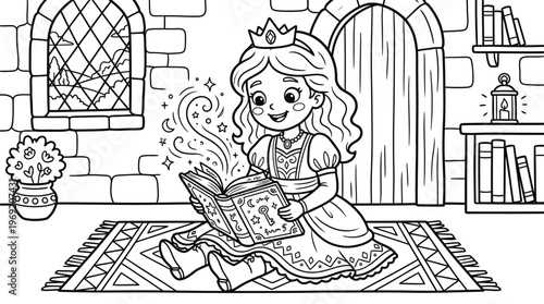 Little girl reading a magic book.