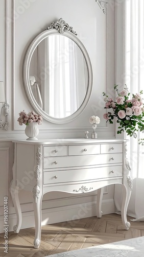 Wallpaper Mural An elegant interior showcases a white dresser with ornate detailing, complemented by a large round mirror and a delicate floral arrangement, creating a sophisticated and inviting atmosphere. Torontodigital.ca
