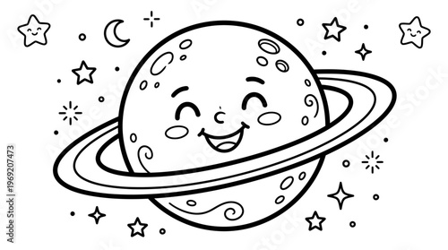 Smiling Cartoon Planet with Ring System.