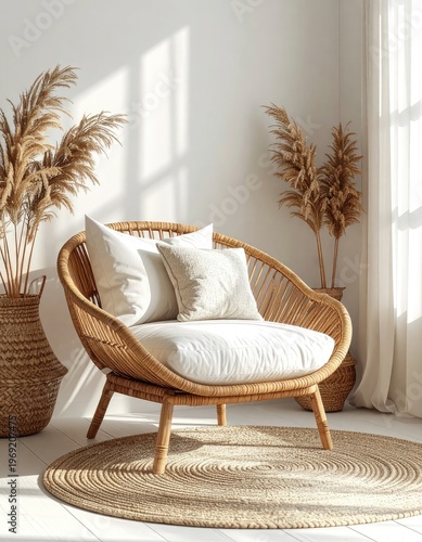 Wallpaper Mural A cozy and inviting interior scene showcases a rattan armchair adorned with soft pillows, complemented by dried pampas grass and a natural fiber rug, bathed in warm sunlight. Torontodigital.ca