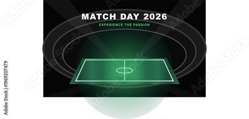 Hand-drawn soccer stadium at night featuring bright green pitch under glowing floodlights for championship sports event authentic illustration