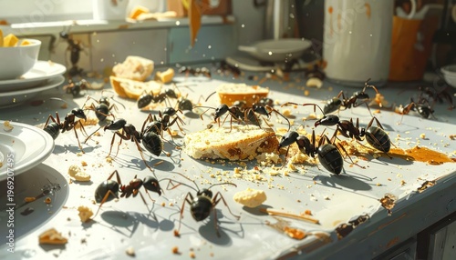 A swarm of ants feasting on scattered food debris on a dirty kitchen counter.