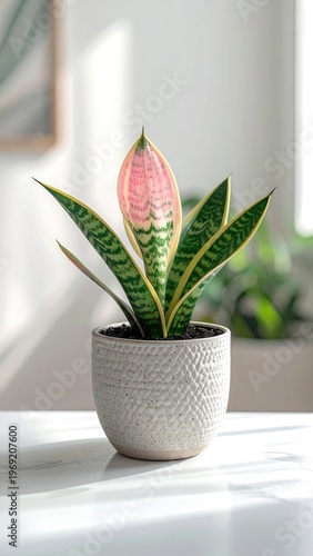 Wallpaper Mural A vibrant Sansevieria trifasciata, also known as a snake plant, blooms beautifully in a textured ceramic pot, showcasing its unique pink and green coloration against a bright, minimalist background. Torontodigital.ca