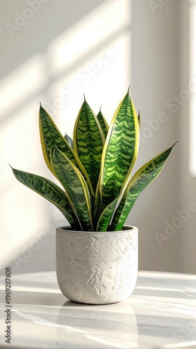 Wallpaper Mural A vibrant snake plant sits in a textured pot on a bright windowsill, bathed in soft natural light. Torontodigital.ca