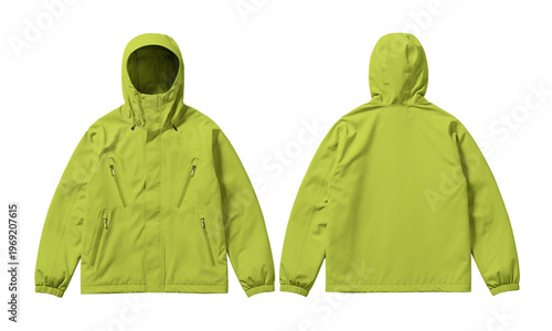 Outdoor front and back view of a green jacket perfect for nature adventures and photography.