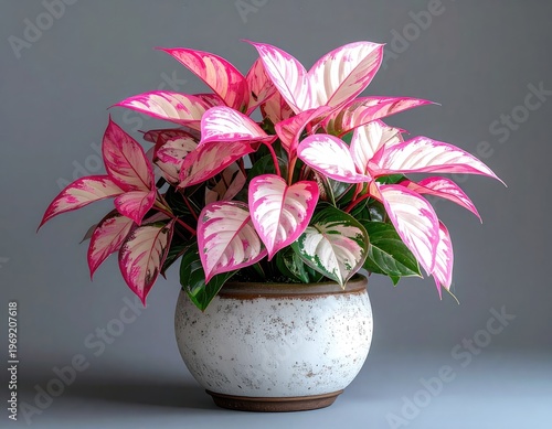 Wallpaper Mural A vibrant pink and white Anthurium plant flourishes in a textured ceramic pot against a muted gray backdrop, showcasing its striking foliage and elegant form. Torontodigital.ca