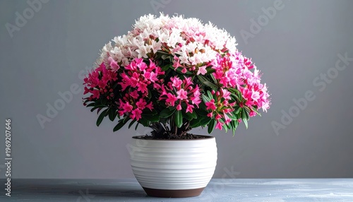 Wallpaper Mural A vibrant rhododendron plant with a mix of pink and white blossoms sits in a white pot against a muted gray background, showcasing its lush foliage and delicate blooms. Torontodigital.ca